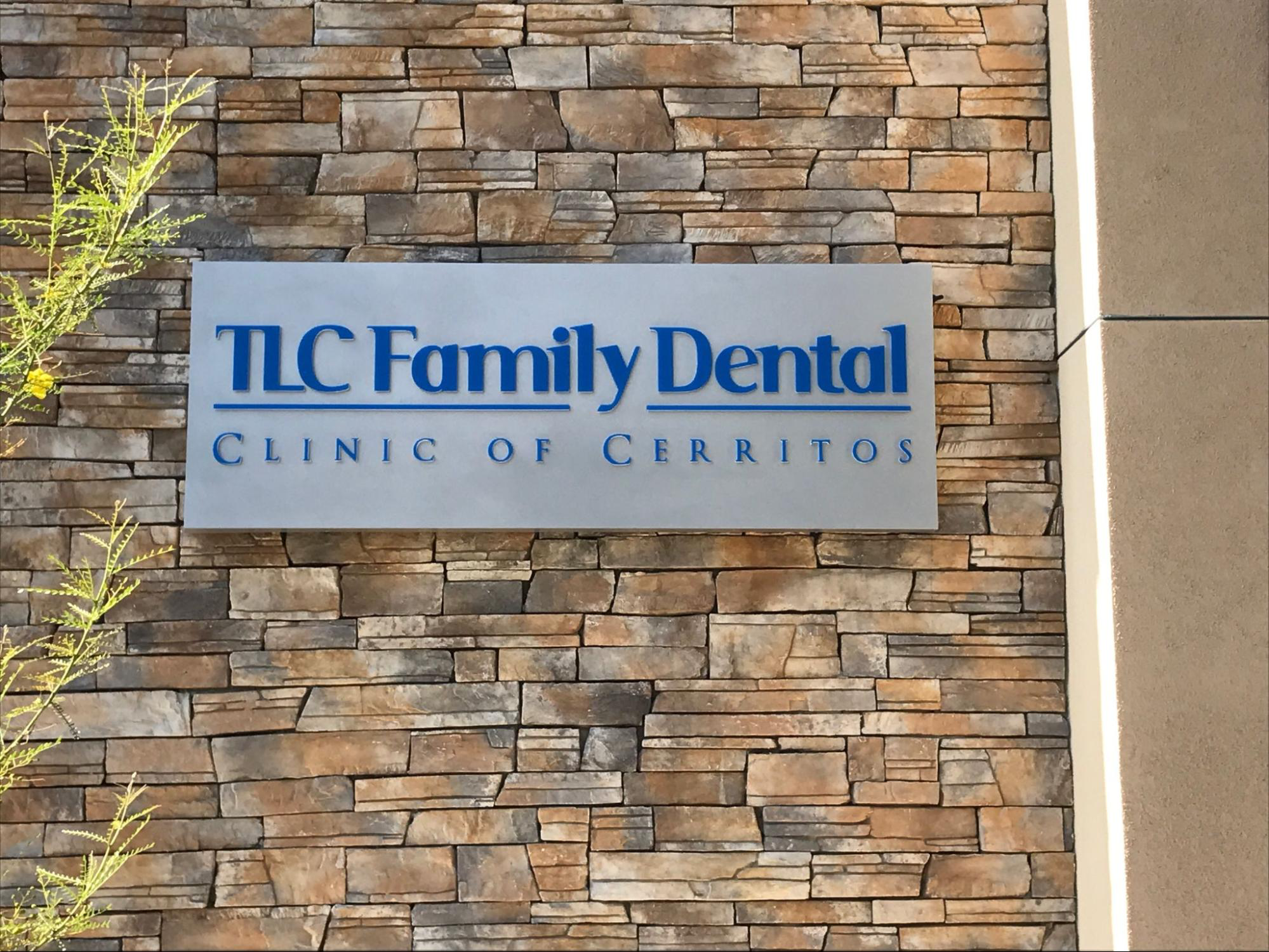 A TLC Family Dental sign box on a stone wall.