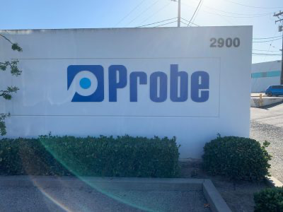 Blue exterior foam letter sign for Probe.