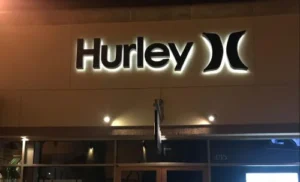 Lighted storefront sign for Hurley in Commerce, California